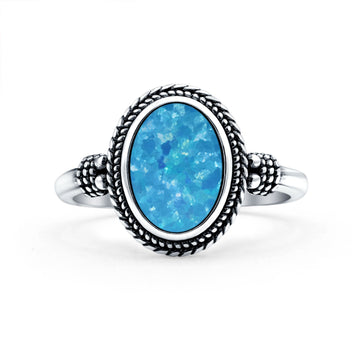 Petite Dainty Vintage Style Lab Created Blue Opal Ring Solid Oval Oxidized 925 Sterling Silver